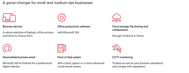 Batelco Business in a Box features including business devices, Microsoft 365, cloud storage, personalized email, point of sale system, and CCTV monitoring