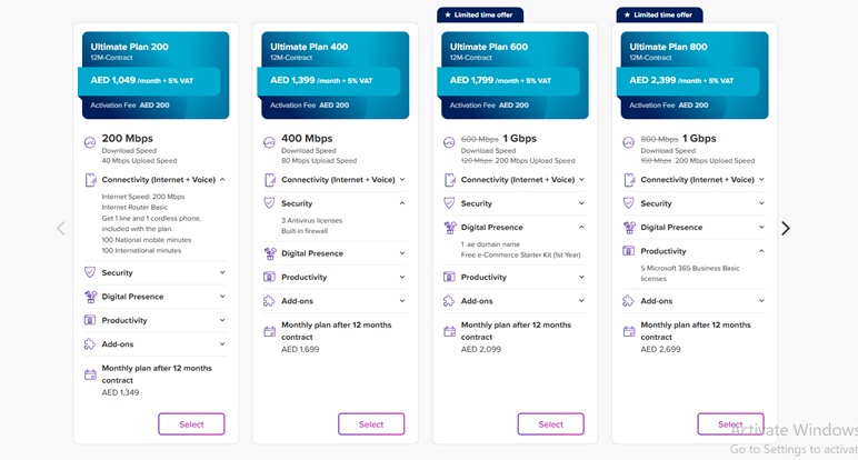 Du Ultimate Plans showing different tiers (200, 400, 600, 800) with connectivity speeds, security, digital presence, and productivity features