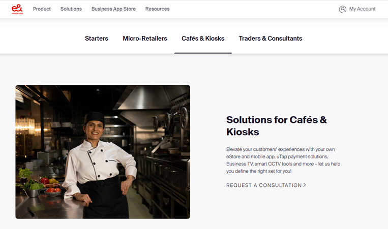 Etisalat SMB solutions for cafes and kiosks showing customized packages for different business sectors including retail, services, and consulting