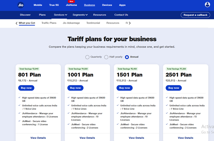 Jio business tariff plans showing different pricing tiers with features like high-speed data, unlimited voice calls, JioAttendance, and JioMeet