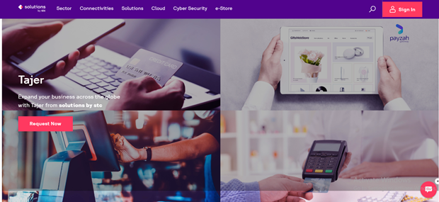 STC Tajer platform showing e-commerce solutions including online store management, payment integration, and POS systems for SMEs