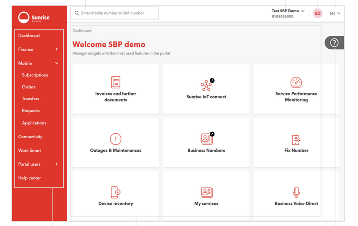 Sunrise Business Portal dashboard showing features like invoices, IoT connect, service performance monitoring, business numbers, and device inventory