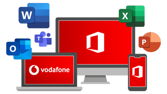 Vodafone Business Marketplace offering Microsoft Office 365 suite including Word, Excel, PowerPoint, Outlook, and Teams