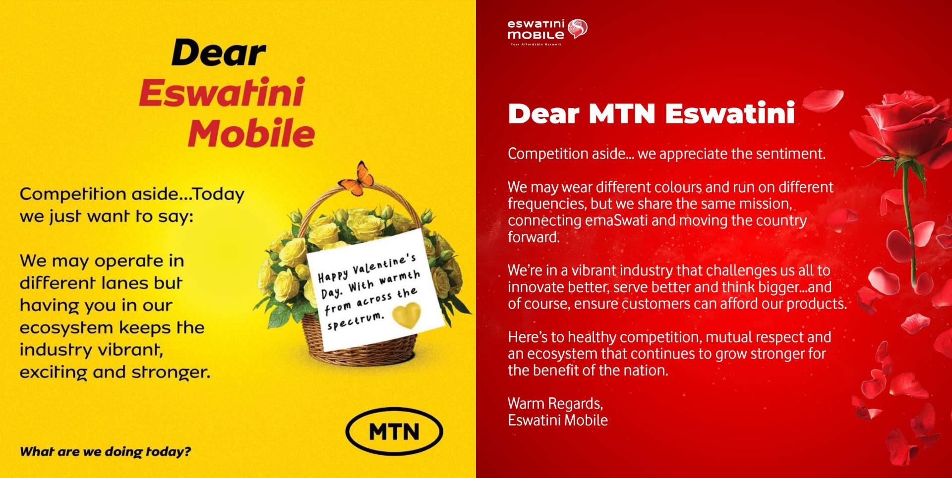 MTN Eswatini and Eswatini Mobile Valentine's Day exchange – a symbolic gesture of coopetition