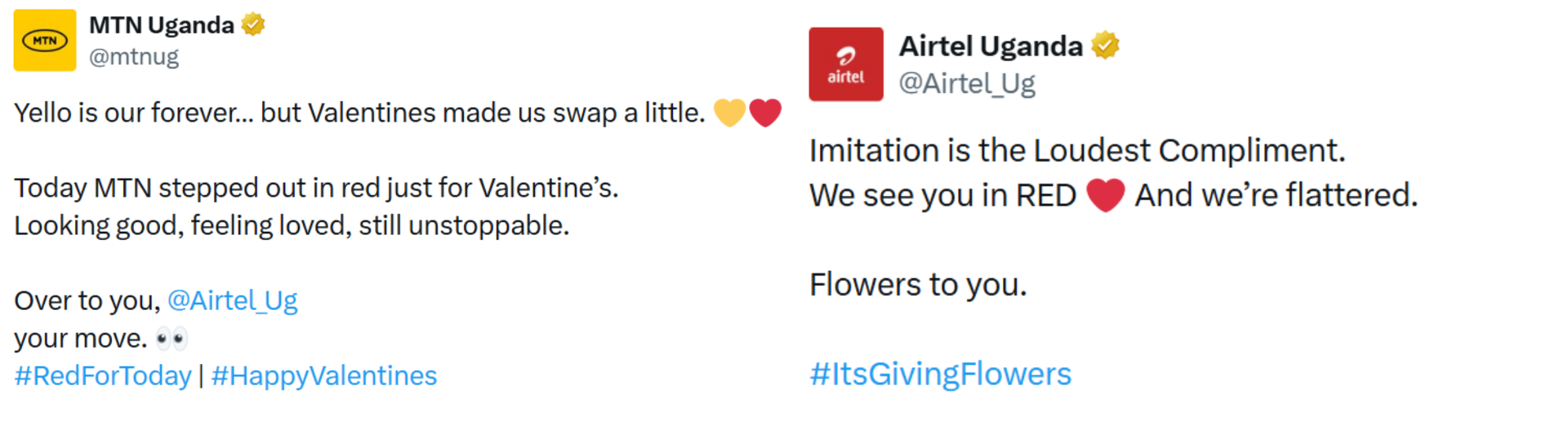MTN Uganda and Airtel Uganda Valentine's Day social media exchange