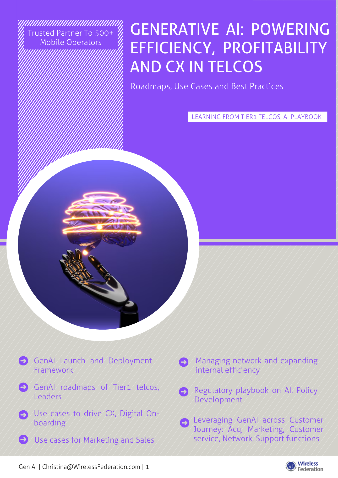 Gen AI: Telco Roadmaps, Use Cases and Best Practices from AI Leaders - Comprehensive telecommunications research report cover by Wireless Federation