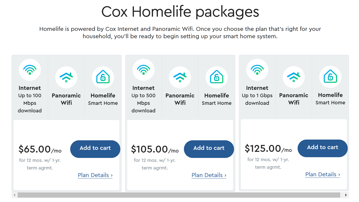 Cox Homelife packages showing bundled internet, Panoramic WiFi, and smart home solutions